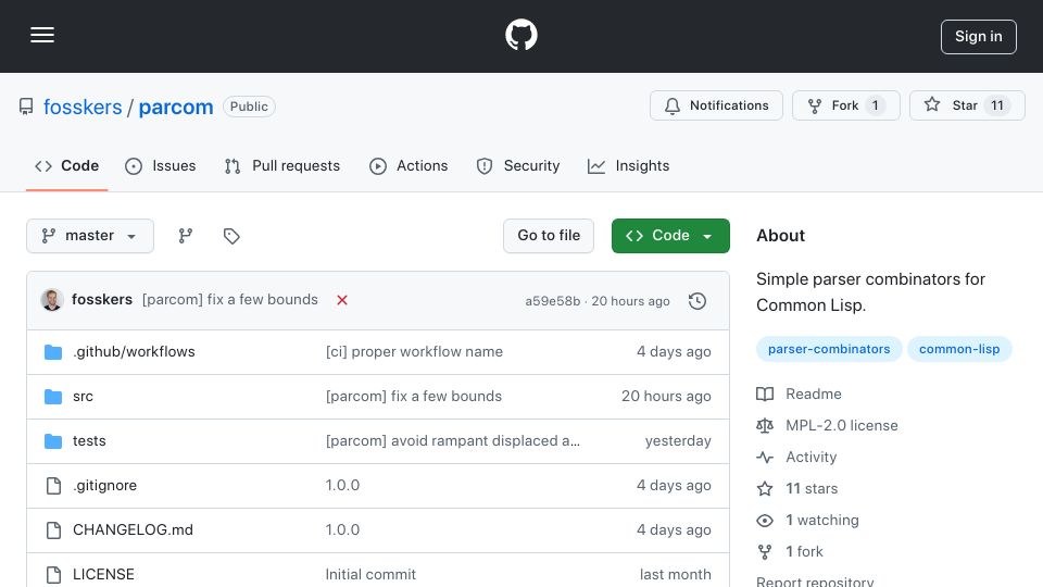 Screenshot of github.com: Parcom: CL Parser Combinators