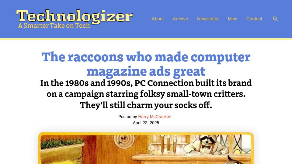 Screenshot of technologizer.com: The raccoons who made computer magazine ads great