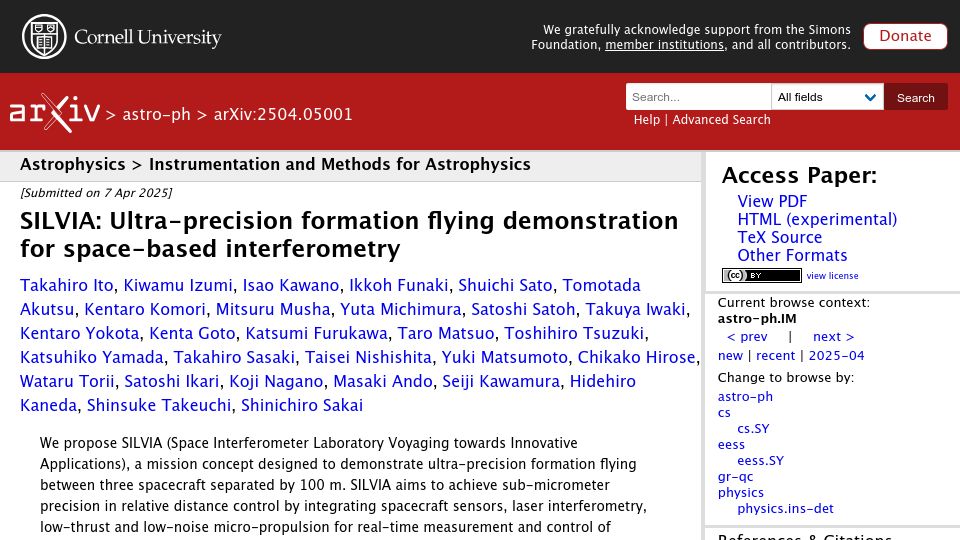 Screenshot of arxiv.org: Ultra-precision formation flying demonstration for space-based interferometry