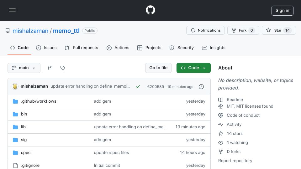 Screenshot of github.com: Show HN: I built a Ruby gem that handles memoization with a ttl