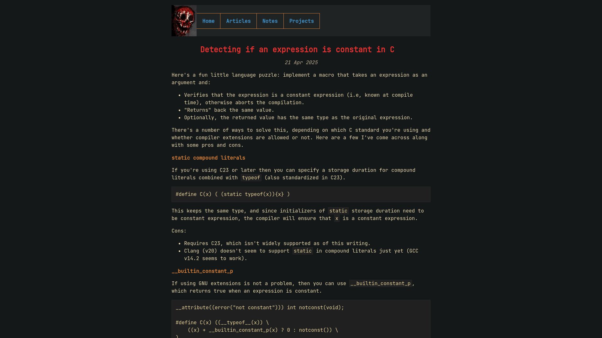 Screenshot of nrk.neocities.org: Detecting if an expression is constant in C