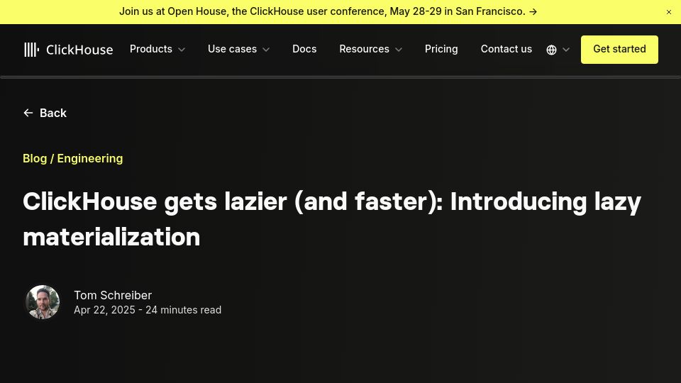 Screenshot of clickhouse.com: ClickHouse gets lazier and faster: Introducing lazy materialization