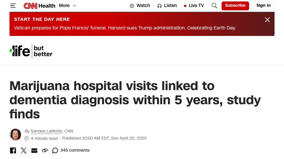 Screenshot of cnn.com: Marijuana hospital visits linked to dementia diagnosis within 5 years – a study