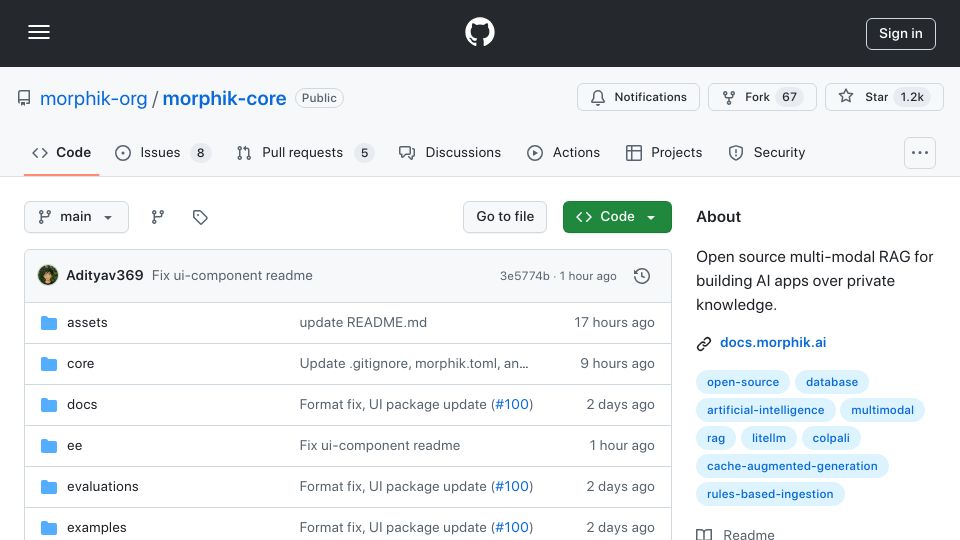Screenshot of github.com: Show HN: Morphik – Open-source RAG that understands PDF images, runs locally