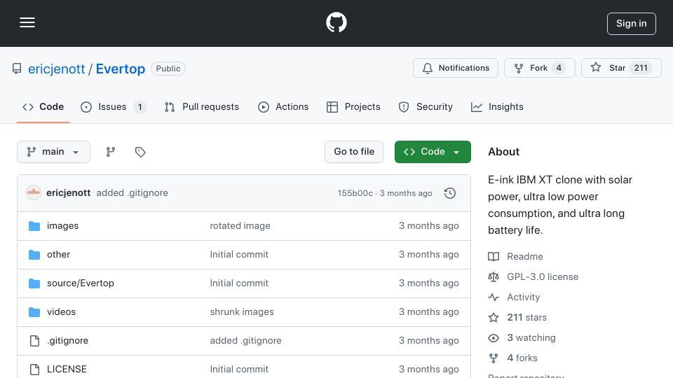 Screenshot of github.com: Evertop: E-ink IBM XT clone with 100+ hours of battery life