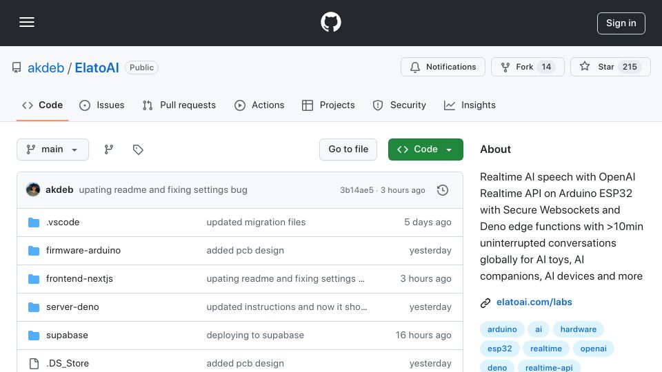 Screenshot of github.com: Show HN: I open-sourced my AI toy company that runs on ESP32 and OpenAI realtime