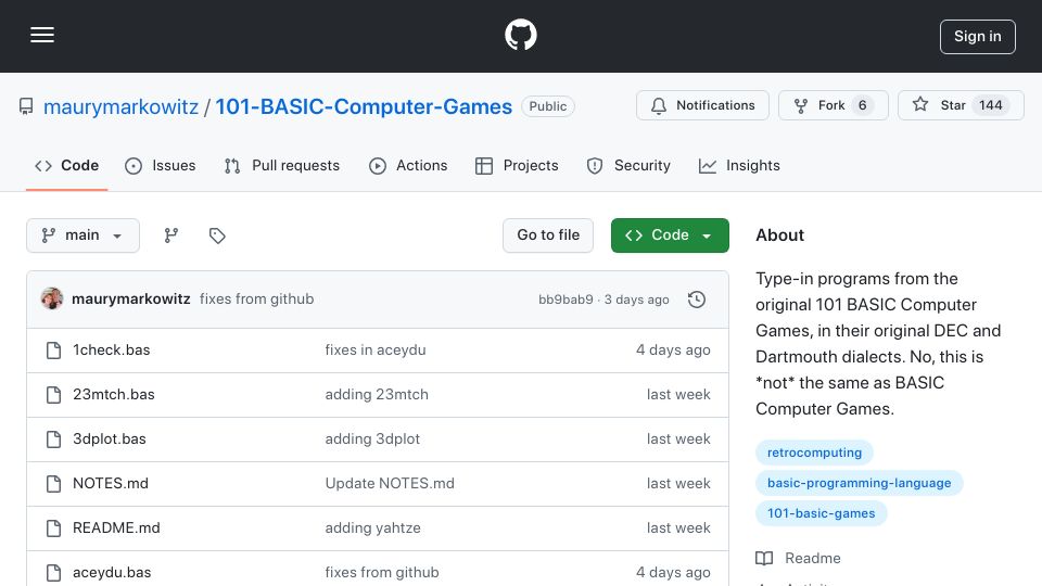 Screenshot of github.com: 101 BASIC Computer Games
