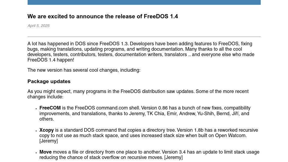 Screenshot of freedos.org: FreeDOS 1.4 Is Here