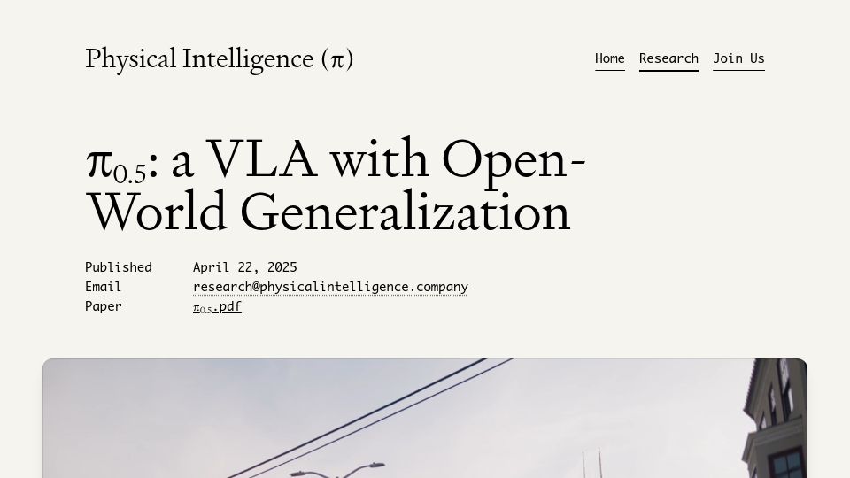 Screenshot of pi.website: π0.5: A VLA with open-world generalization