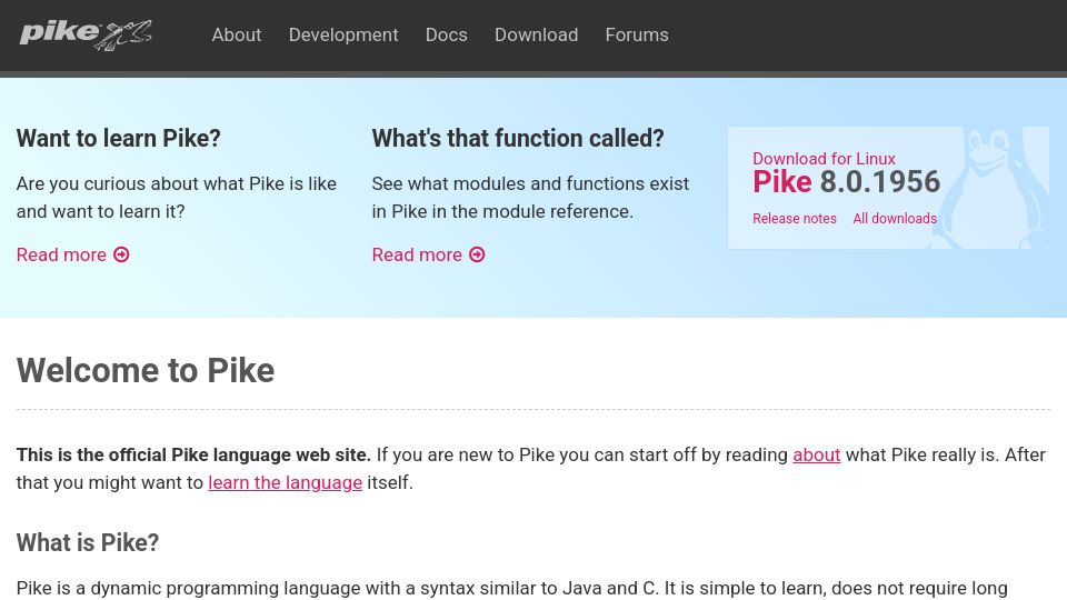 Screenshot of pike.lysator.liu.se: Pike – a dynamic programming language with a syntax similar to Java and C
