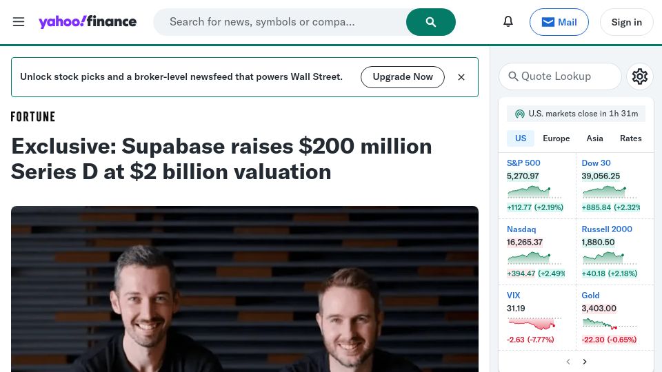 Screenshot of finance.yahoo.com: Supabase raises $200M Series D at $2B valuation