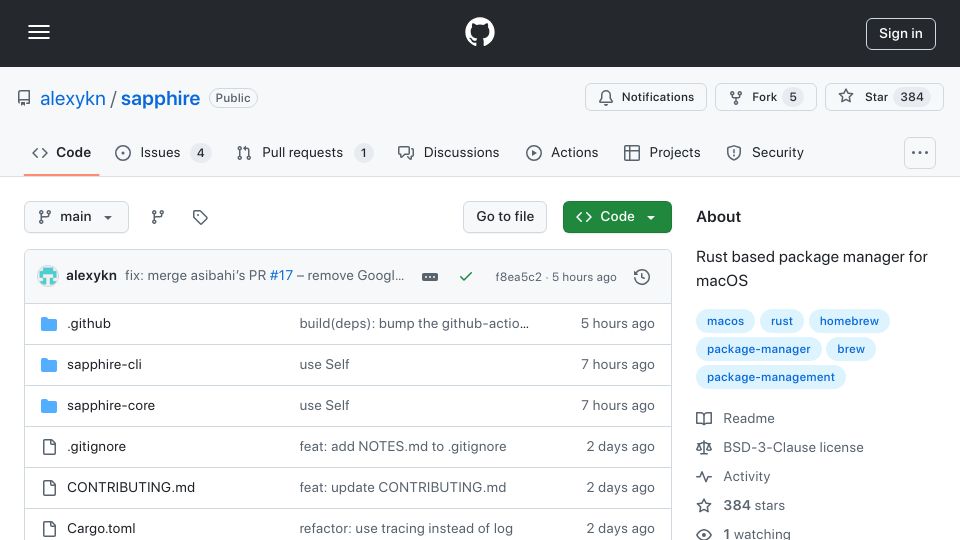 Screenshot of github.com: Sapphire: Rust based package manager for macOS