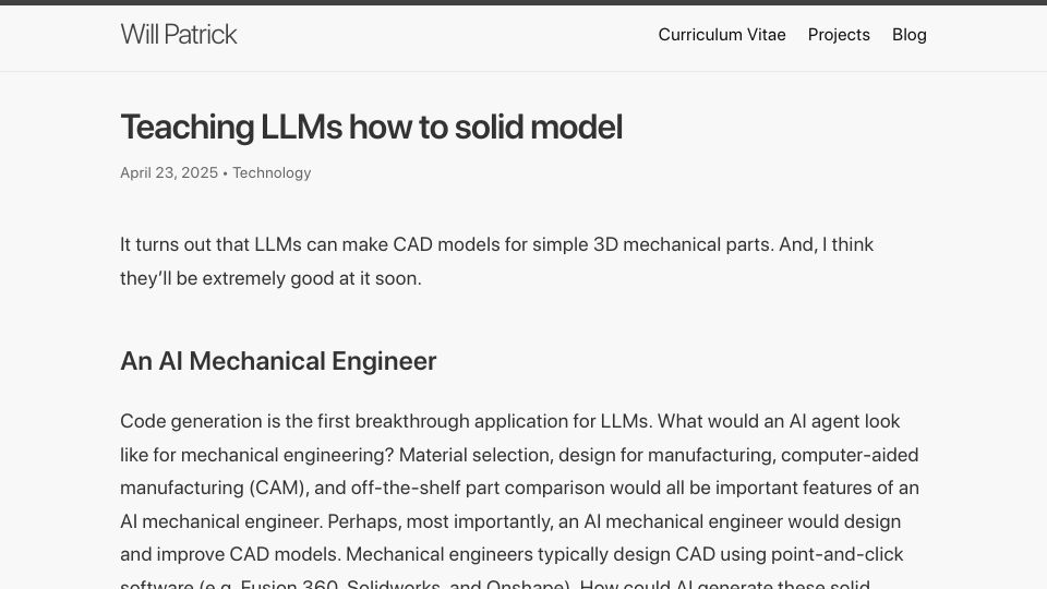 Screenshot of willpatrick.xyz: Teaching LLMs how to solid model