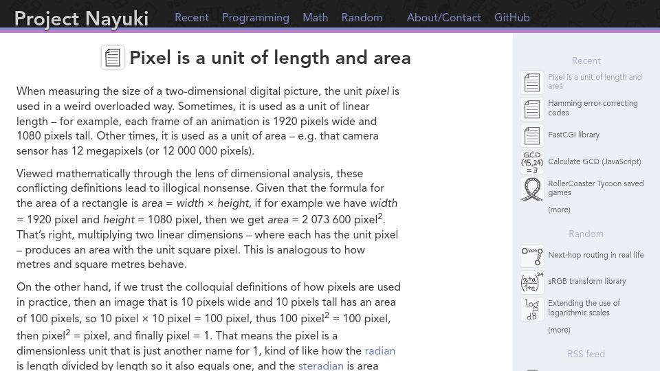 Screenshot of nayuki.io: Pixel is a unit of length and area