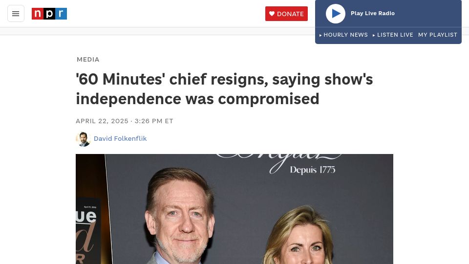 Screenshot of npr.org: '60 Minutes' chief resigns, saying show's independence was compromised