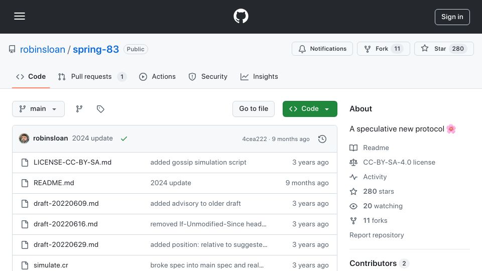 Screenshot of github.com: Spring 83: a draft protocol intended to suggest new ways of relating online