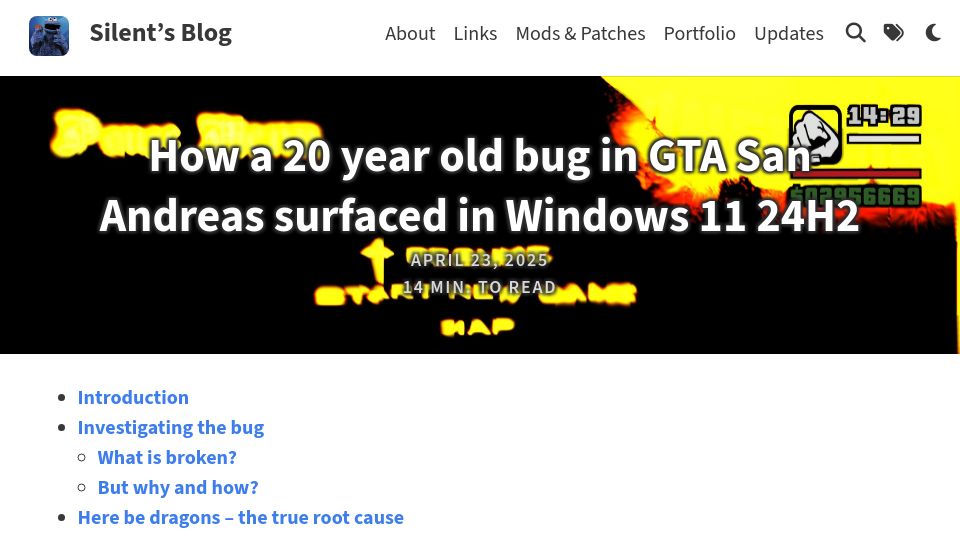 Screenshot of cookieplmonster.github.io: How a 20 year old bug in GTA San Andreas surfaced in Windows 11 24H2
