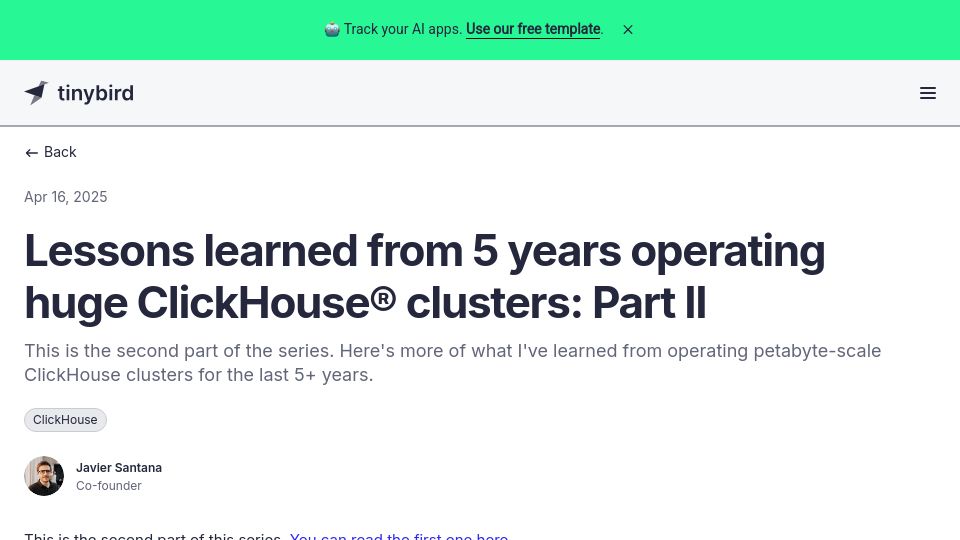Screenshot of tinybird.co: Lessons learned operating petabyte-scale ClickHouse clusters: Part II