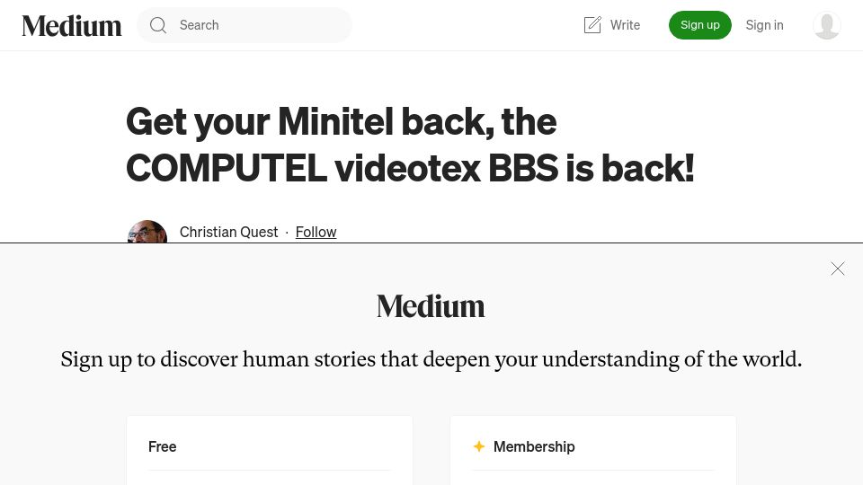 Screenshot of cq94.medium.com: Get your Minitel back, the COMPUTEL videotex BBS is back