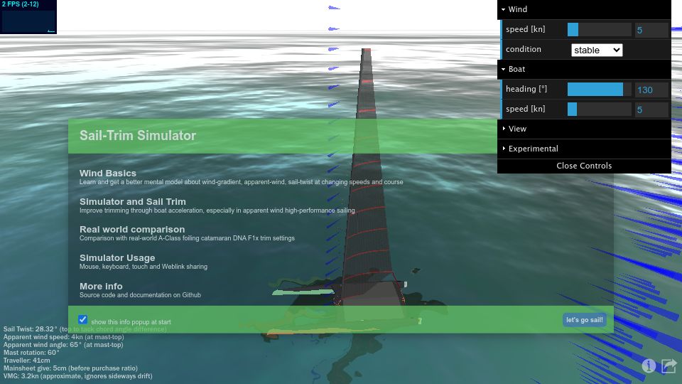 Screenshot of simulator.atterwind.info: Sail-Trim Simulator