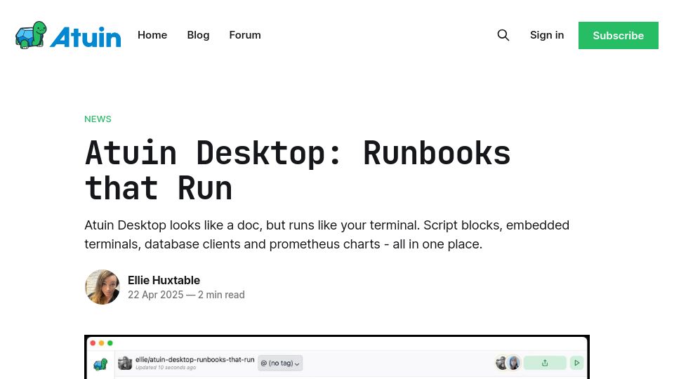 Screenshot of blog.atuin.sh: Atuin Desktop: Runbooks That Run