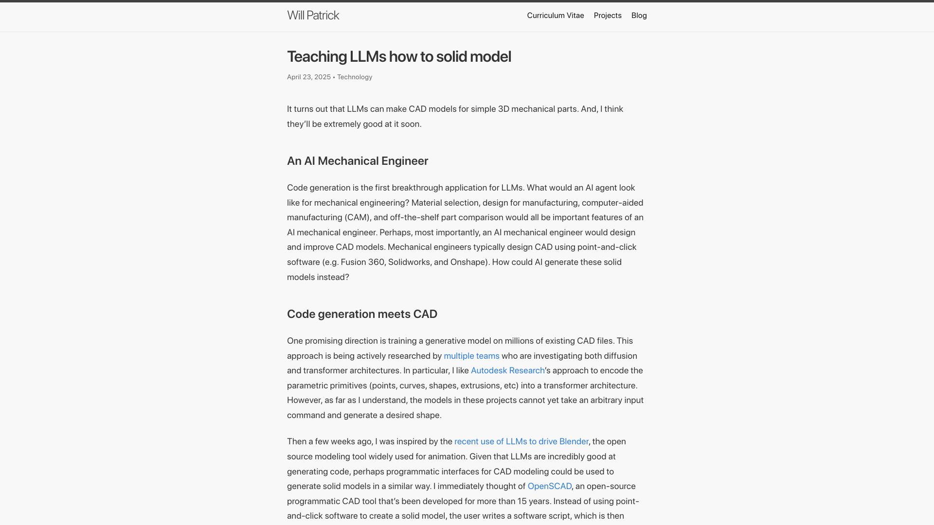 Screenshot of willpatrick.xyz: Teaching LLMs how to solid model