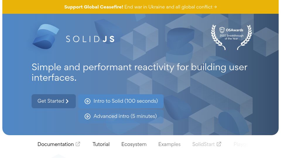 Screenshot of solidjs.com: Solidjs: Simple and performant reactivity for building user interfaces