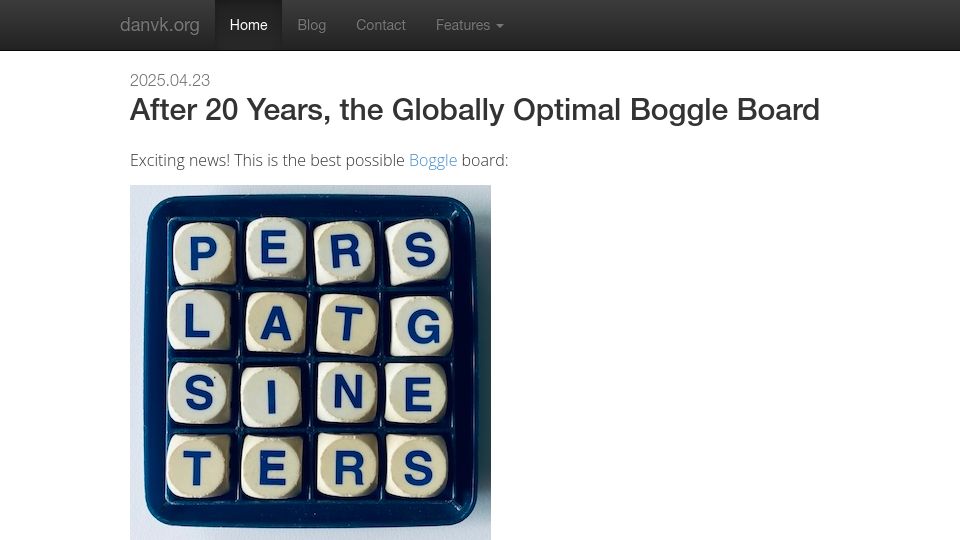Screenshot of danvk.org: A Computational Proof of the Highest-Scoring Boggle Board