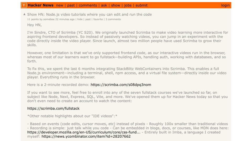 Screenshot of Hacker News post: Show HN: Node.js video tutorials where you can edit and run the code
