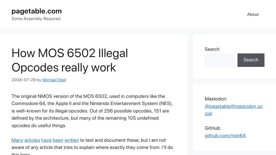Screenshot of pagetable.com: How MOS 6502 Illegal Opcodes Work (2008)