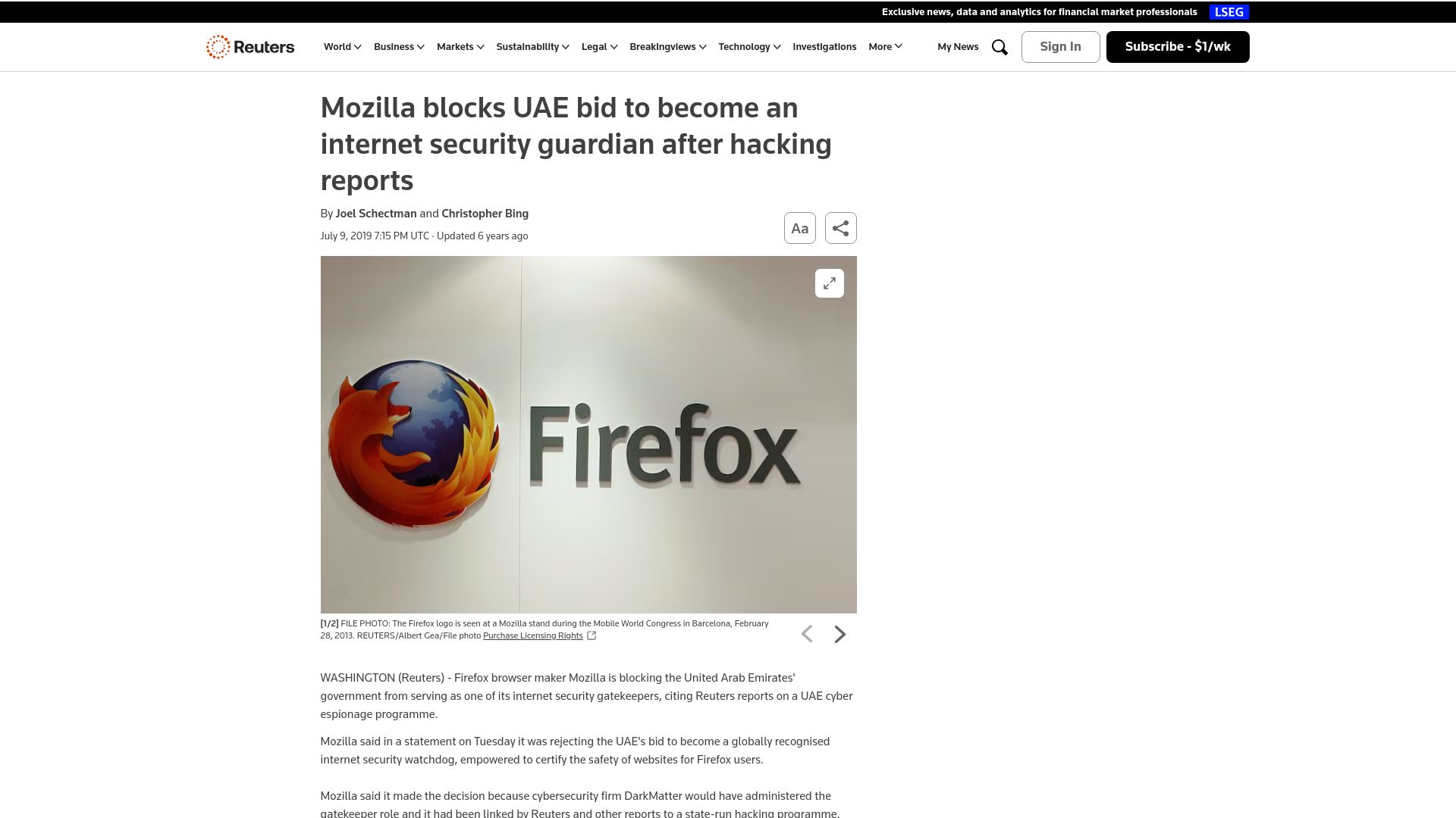 Screenshot of reuters.com: Mozilla blocks UAE for internet security guardian after hacking reports (2019)