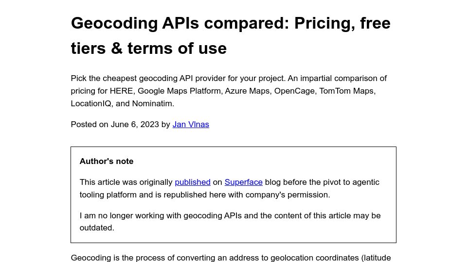 Screenshot of bitoff.org: Geocoding APIs compared: Pricing, free tiers and terms of use