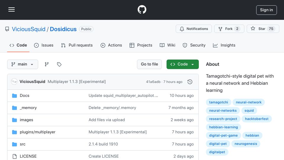 Screenshot of github.com: Show HN: Dosidicus – A digital pet with a simple neural network