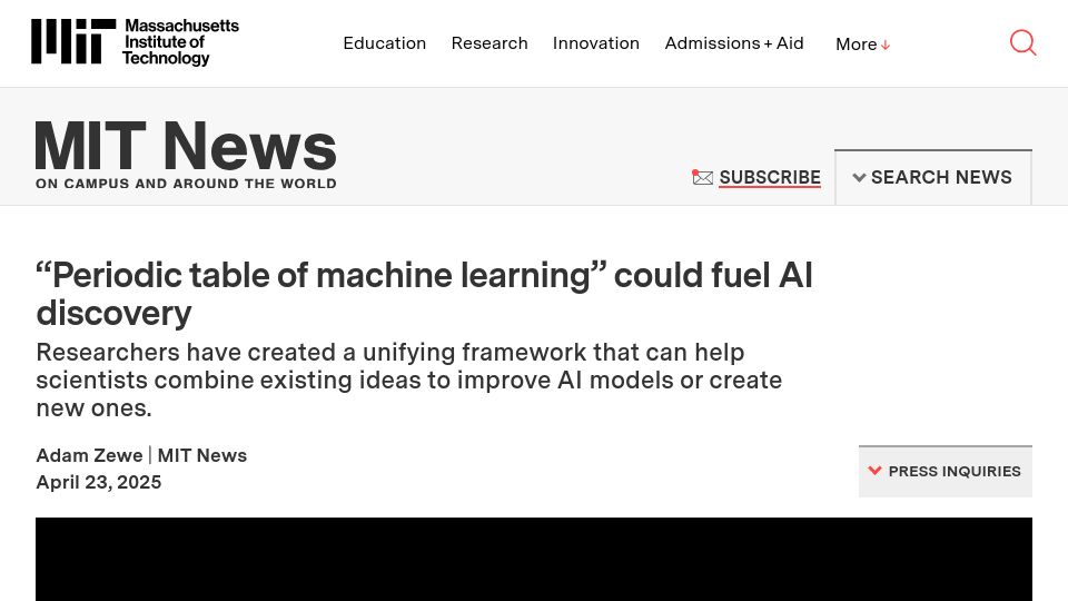 Screenshot of news.mit.edu: "Periodic table of machine learning" could fuel AI discovery