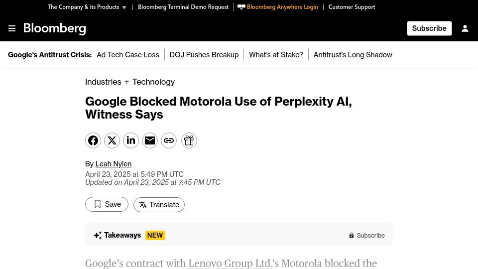 Screenshot of bloomberg.com: Google contract prevented Motorola from setting Perplexity as default assistant