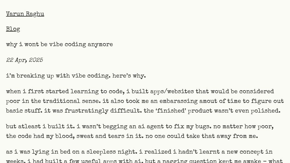 Screenshot of varunraghu.com: I won't be vibe coding anymore: a noob's perspective