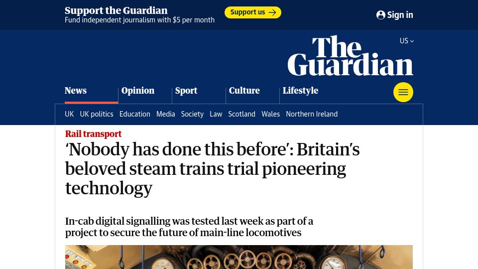 Screenshot of theguardian.com: 'Nobody has done this before': Britain's beloved steam trains trial technology