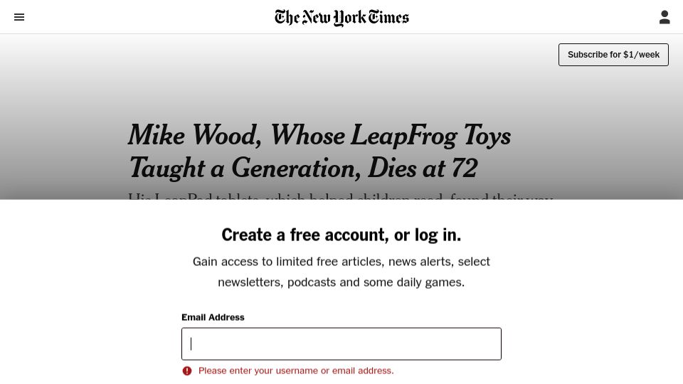 Screenshot of nytimes.com: Mike Wood, Whose LeapFrog Toys Taught a Generation, Dies at 72