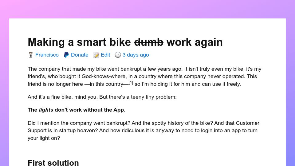 Screenshot of francisco.io: Making a smart bike dumb so it works again