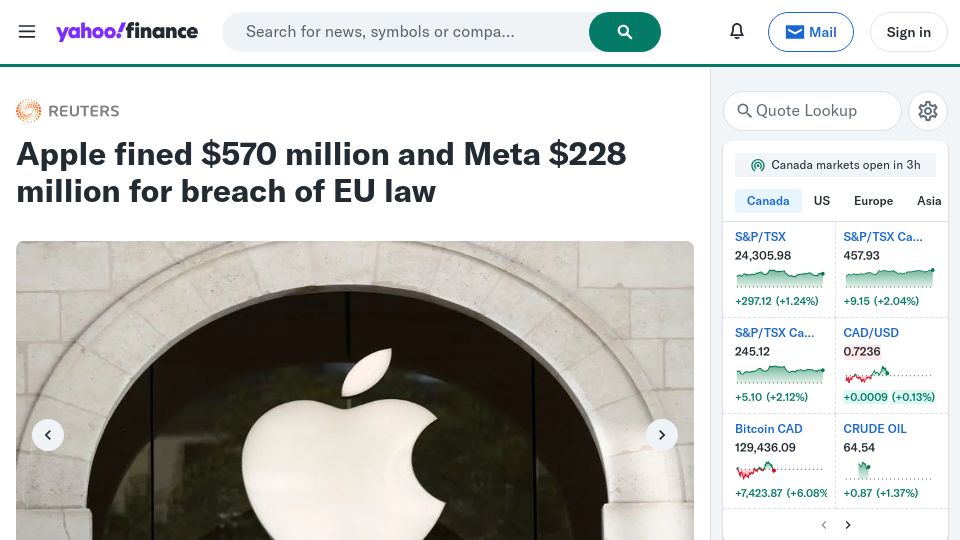 Screenshot of ca.finance.yahoo.com: Apple and Meta fined millions for breaching EU law