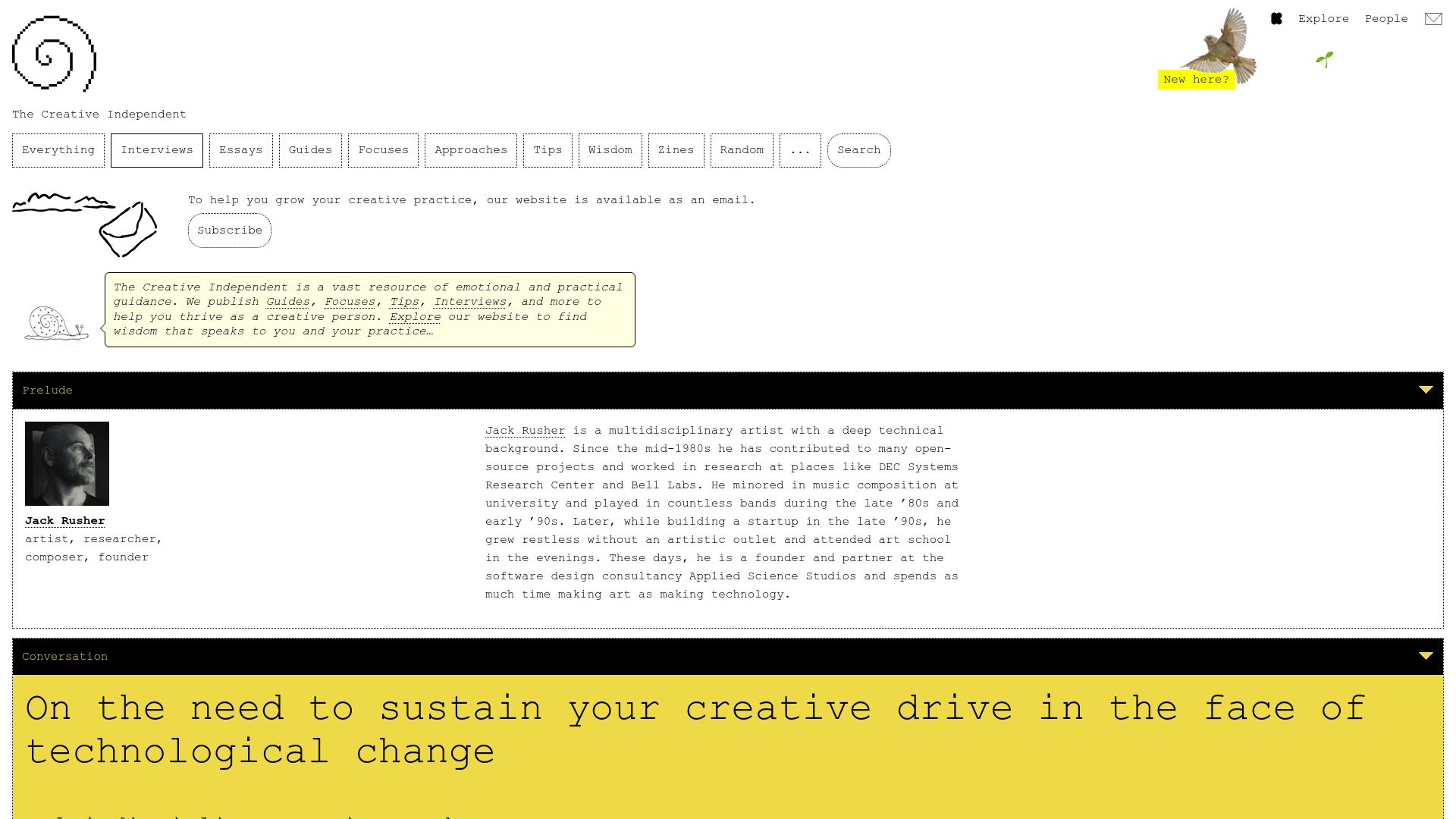 Screenshot of thecreativeindependent.com: Sustain your creative drive in the face of technological change