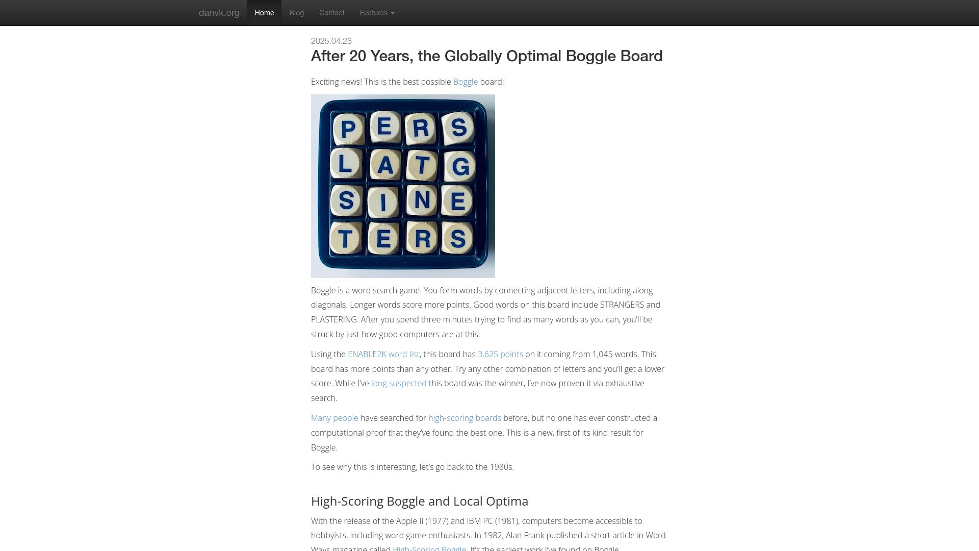 Screenshot of danvk.org: A Computational Proof of the Highest-Scoring Boggle Board