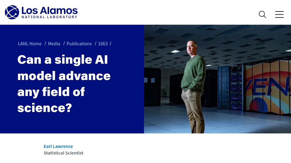 Screenshot of lanl.gov: Can a single AI model advance any field of science?