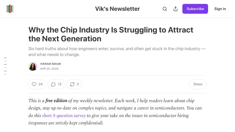 Screenshot of viksnewsletter.com: Why the Chip Industry Is Struggling to Attract the Next Generation