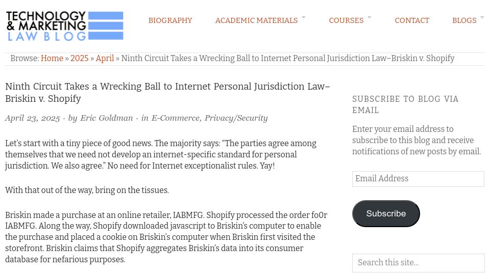 Screenshot of blog.ericgoldman.org: Ninth Circuit Takes a Wrecking Ball to Internet Personal Jurisdiction Law