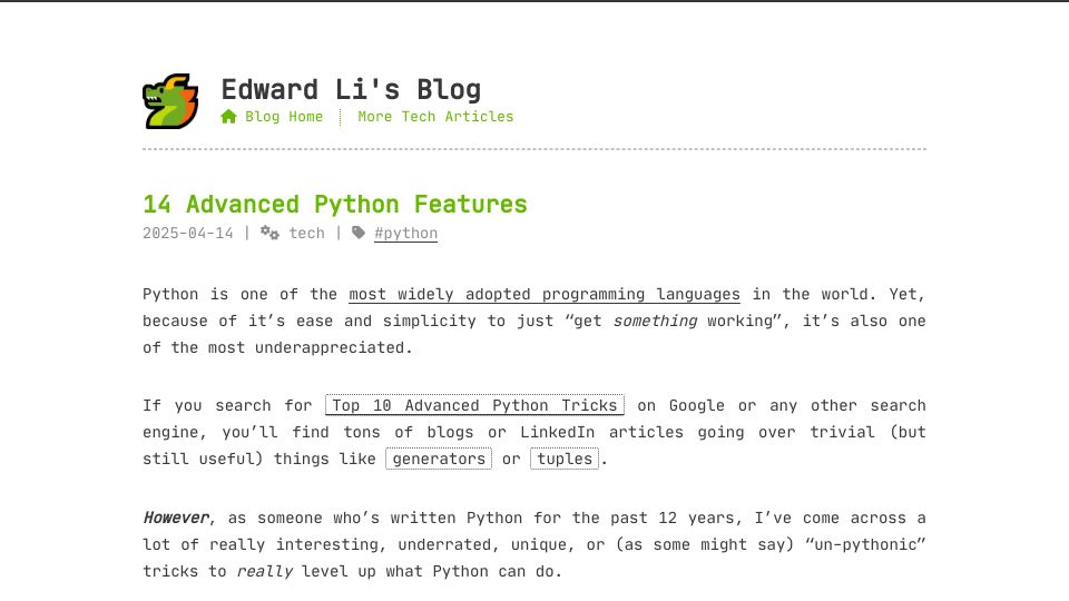 Screenshot of blog.edward-li.com: Advanced Python Features