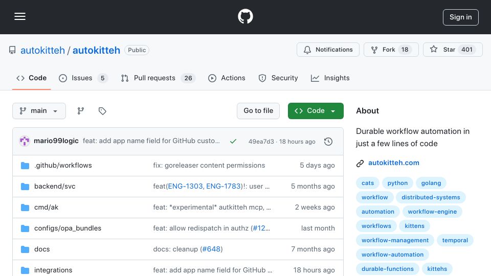 Screenshot of github.com: Show HN: Durable Python Workflows