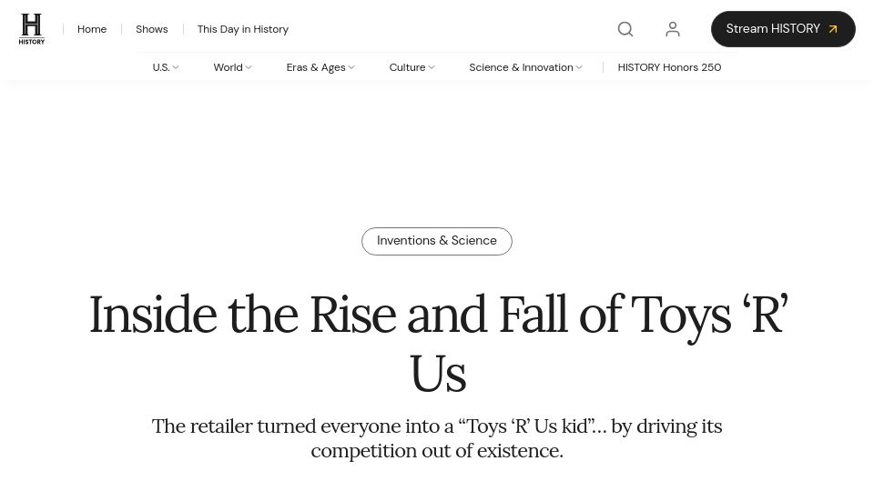 Screenshot of history.com: The Rise and Fall of Toys 'R' Us (2018)