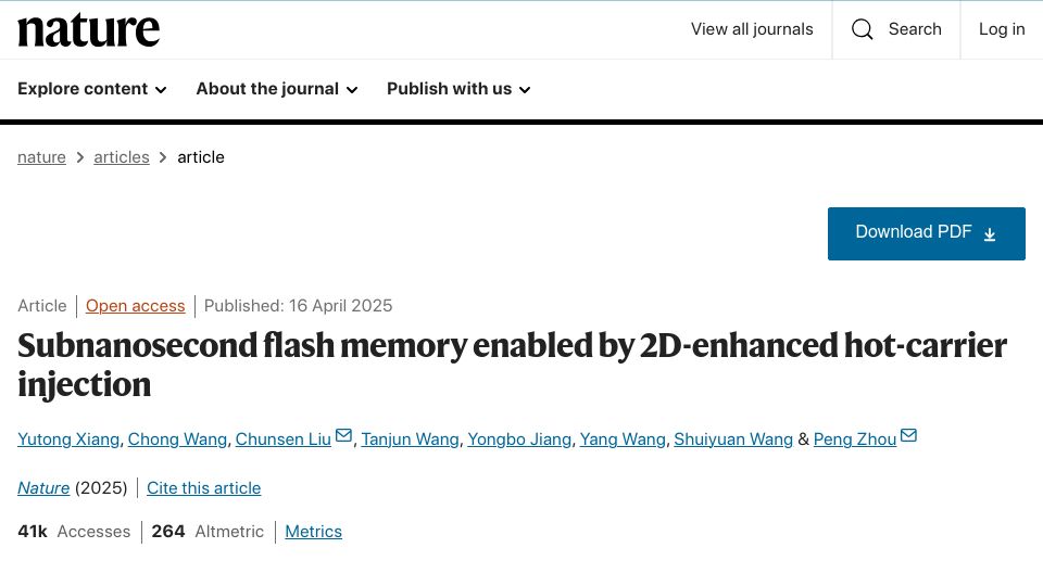 Screenshot of nature.com: Subnanosecond Flash Memory