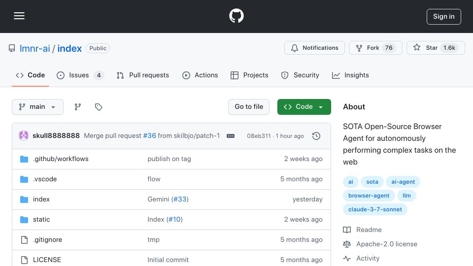 Screenshot of github.com: Show HN: Index – New Open Source browser agent